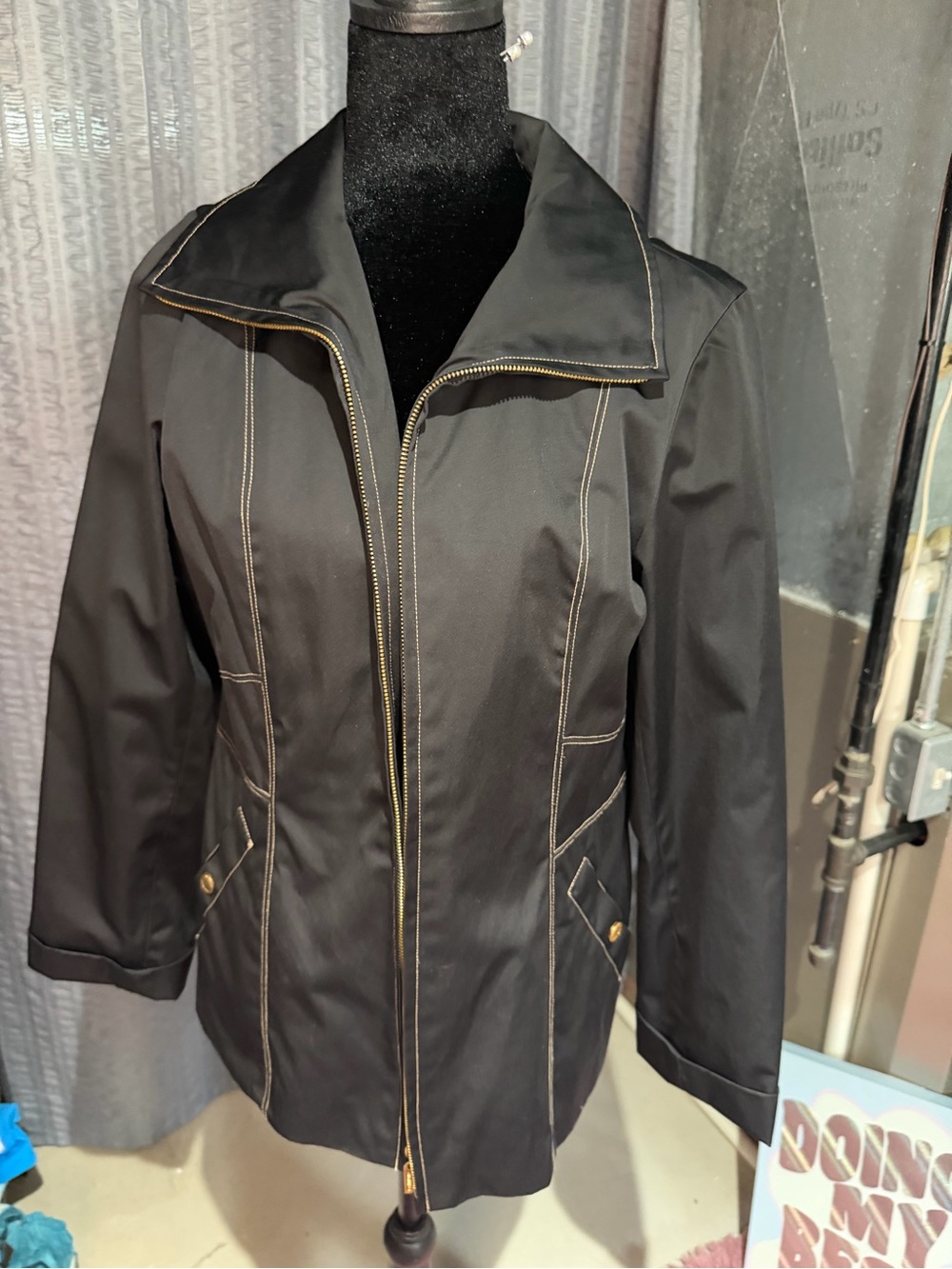 Women's Black Trench Coat with Contrast Stitching